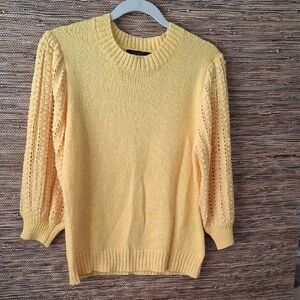 Comfy Love at First Find Yellow Crew Neck Sweater Crochet Sleeves  - Size XL